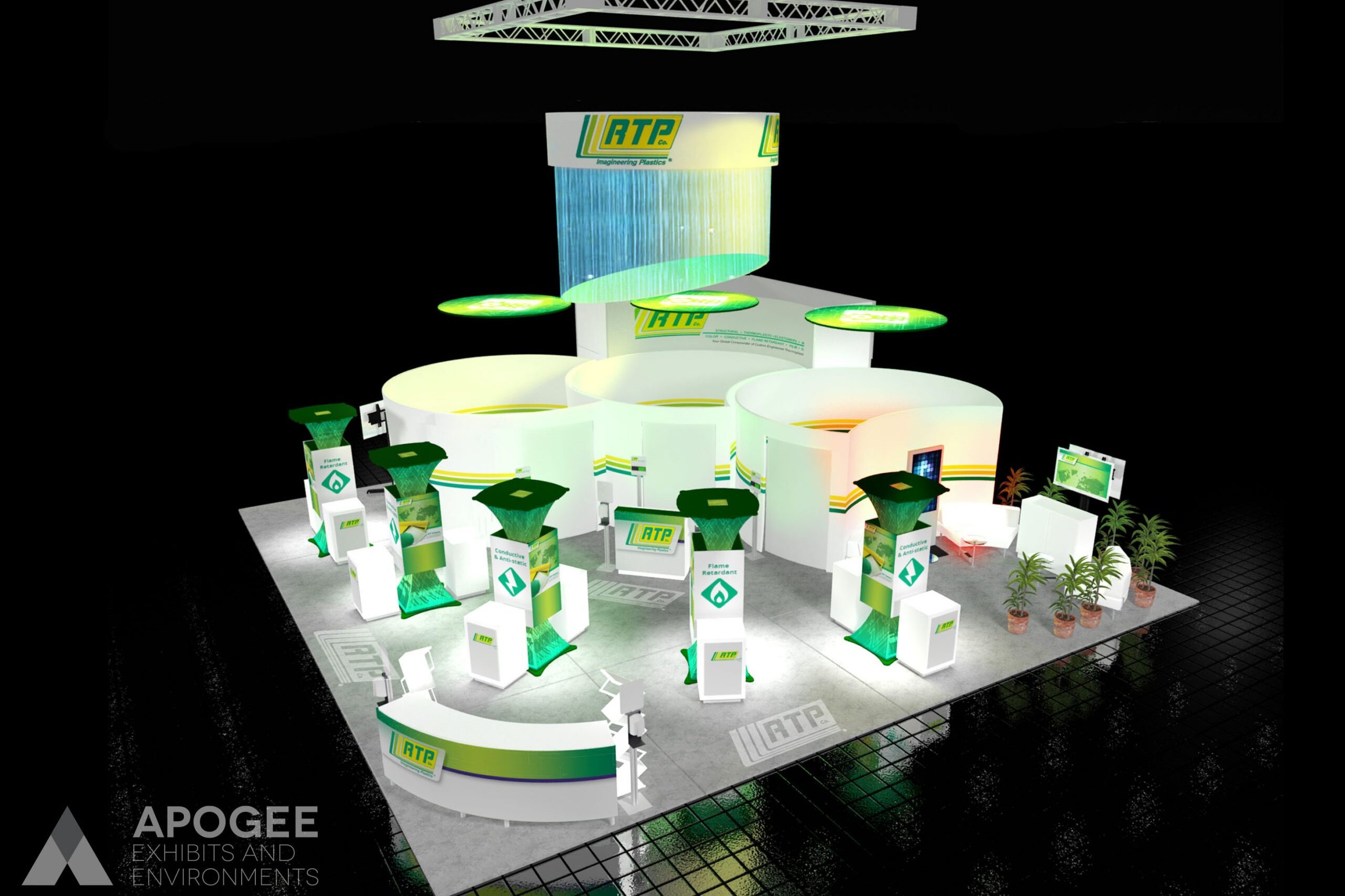 Custom trade show island exhibit design featuring interactive technology and hybrid event capabilities.